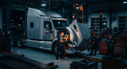 Heavy-duty truck undergoing repairs in a professional workshop
